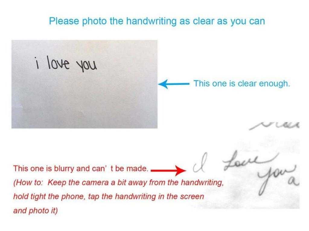 Clear handwriting example and blurry handwriting comparison with photography tips.