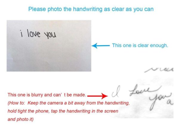 Clear handwriting example and blurry handwriting comparison with photography tips.