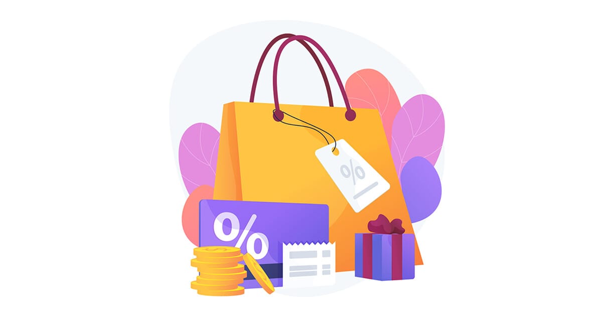 Shopping bag with discount tag, coins, gift, and receipt, portraying a sale or promotion theme.
