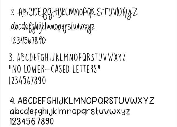Font selection image with five different styles showing uppercase, lowercase, and numbers.