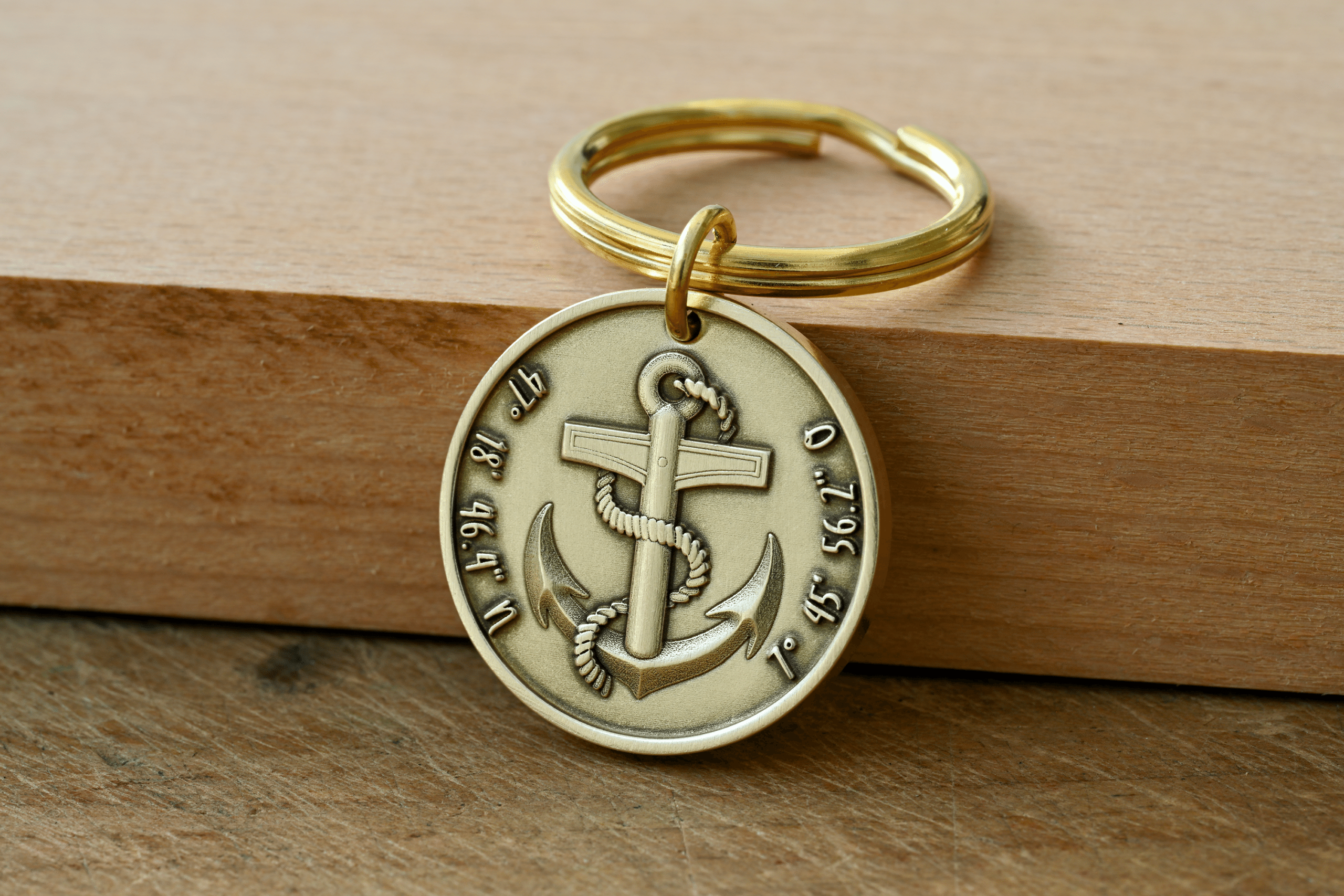 Brass key ring with a round pendant featuring an engraved anchor and geographic coordinates on a wooden surface
