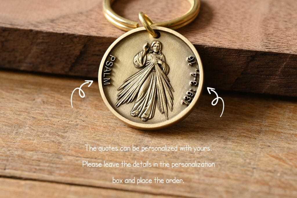 Gold religious keychain with customizable psalm quotes, depicting a figure. Personalize and order your unique design today.