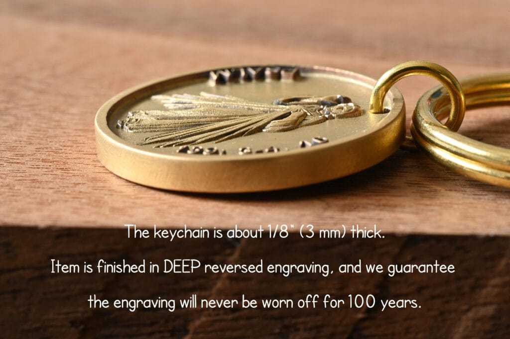 Engraved Bible Scripture keychain with deep reversed design, 1/8 inch thick, promises durability for 100 years.