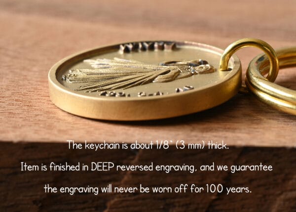 Engraved Bible Scripture keychain with deep reversed design, 1/8 inch thick, promises durability for 100 years.