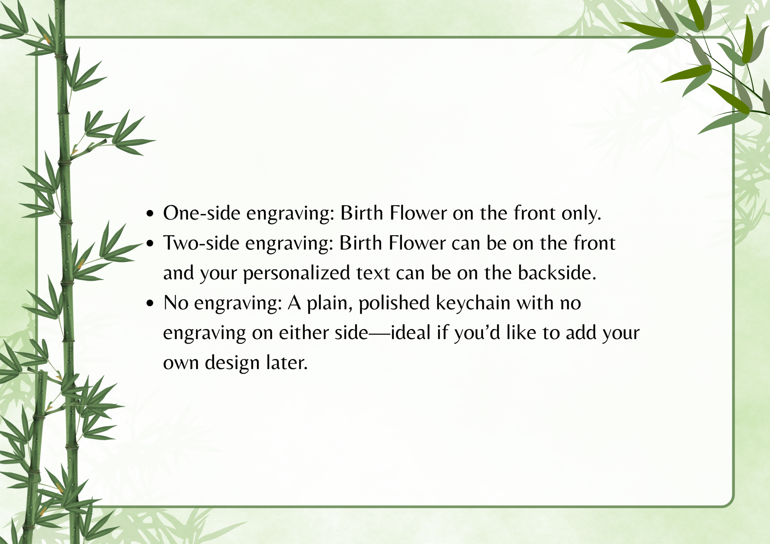 Text options for keychains: one-sided with Birth Flower, two-sided with personalization, or no engraving for custom design.