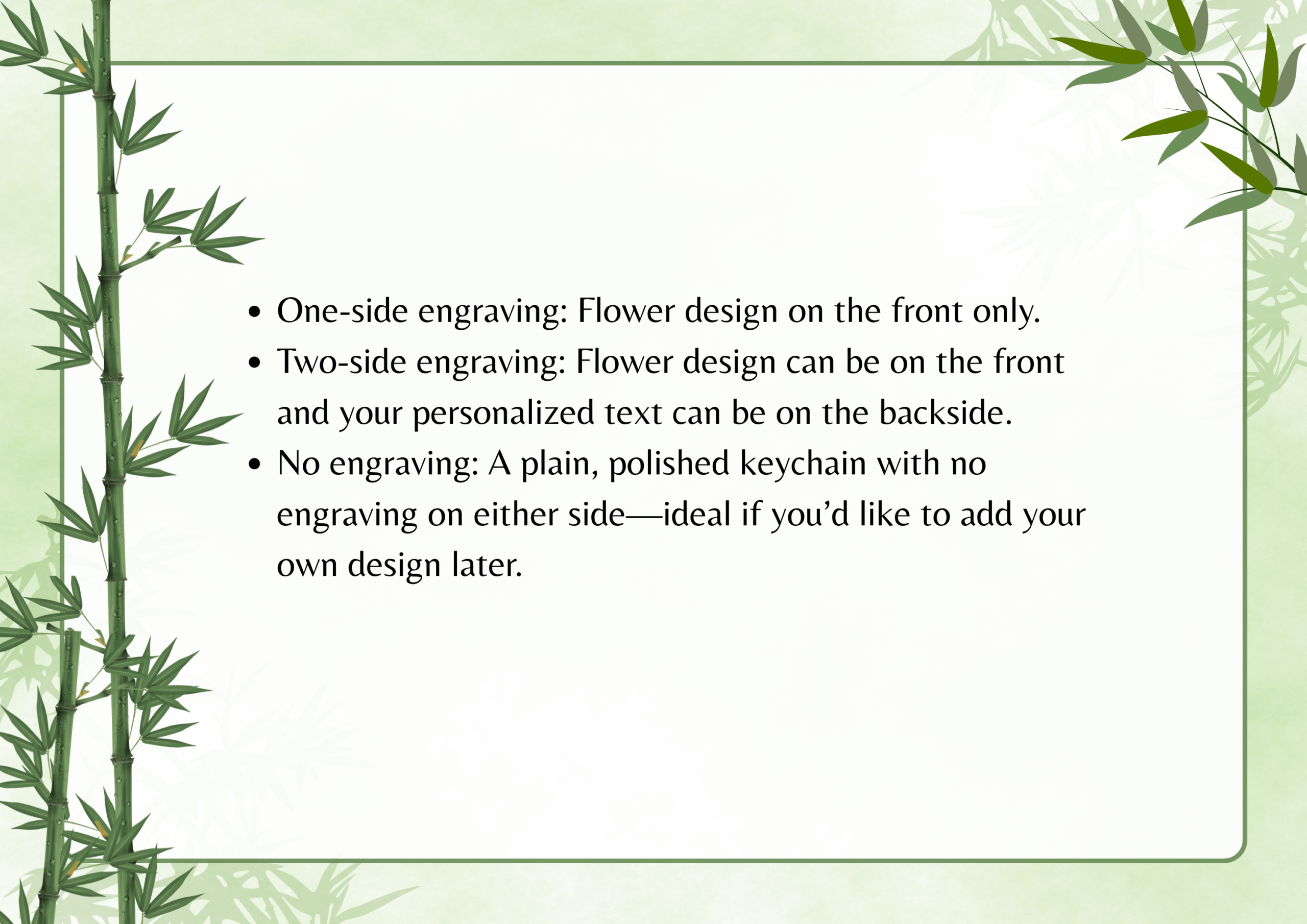 Keychain engraving options: one-side with flower, two-side with flower and text, or plain for custom designs.
