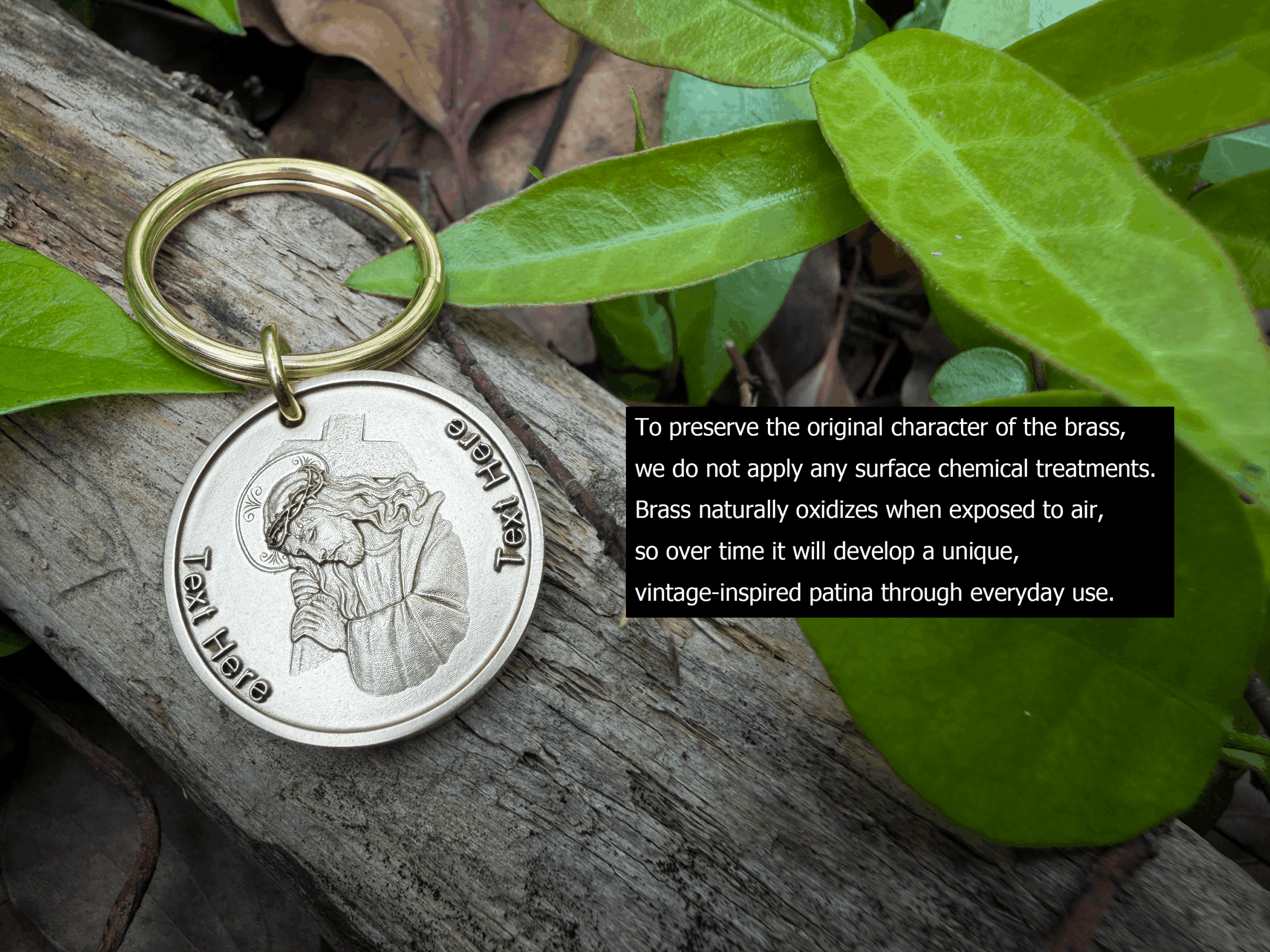 Keychain on wood with engraved praying figure, brass develops vintage patina with time.