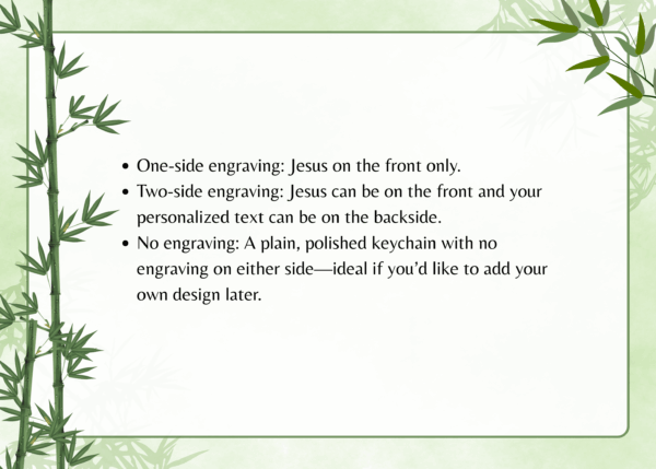 Engraving options for keychains: one-side Jesus, two-side Jesus and personalized text, or no engraving. Bamboo background.