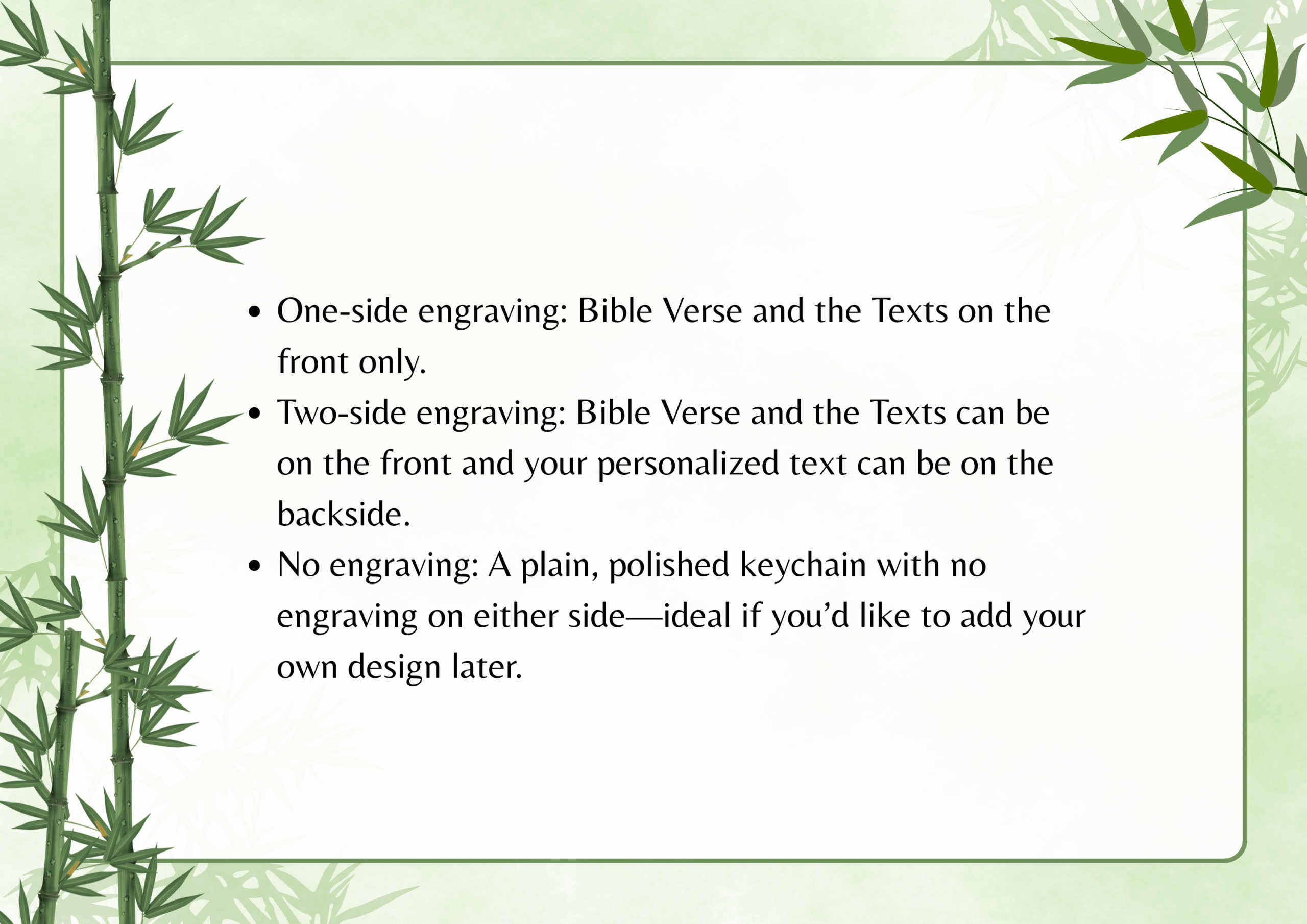 Keychain engraving options described, including one-side Bible verse, two-side with personalization, and no engraving.
