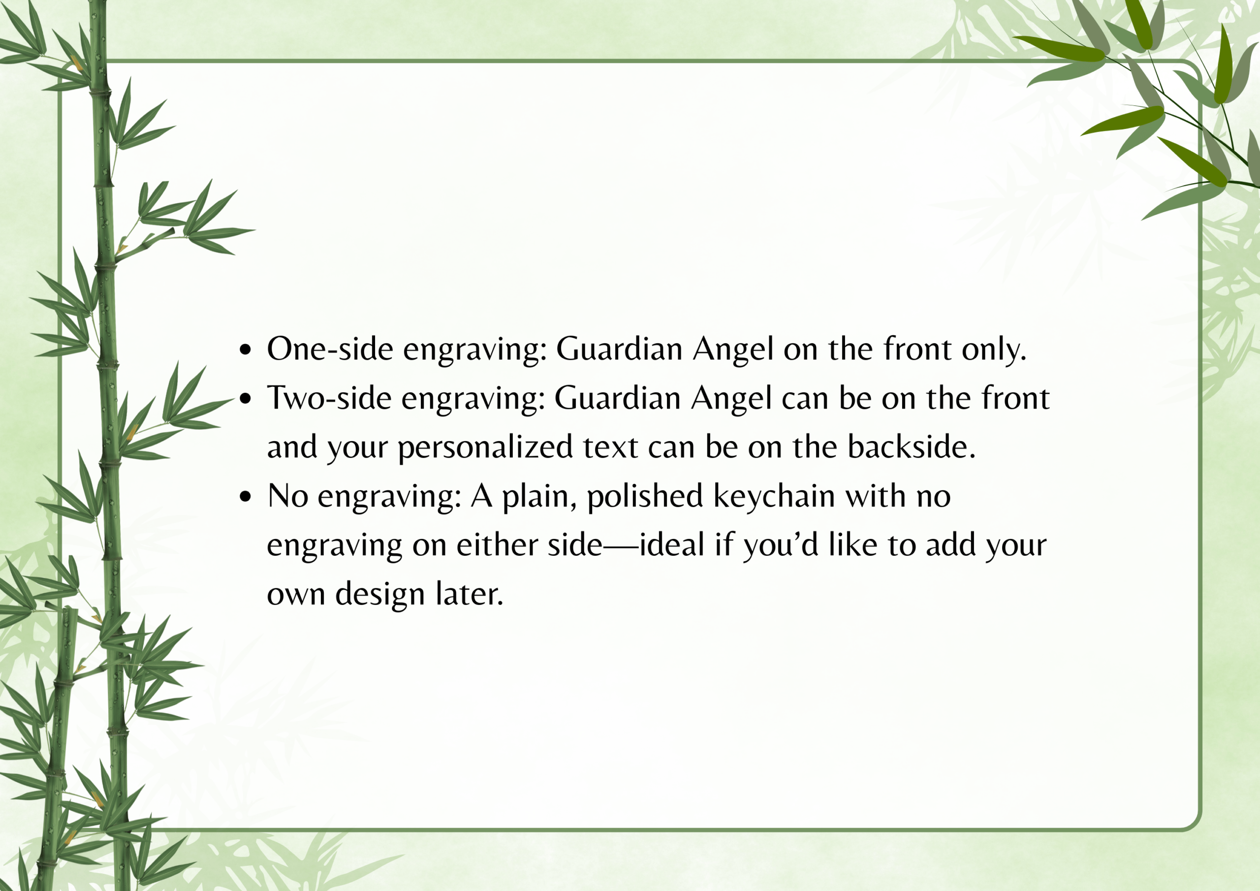 Keychain engraving options: Guardian Angel front, optional custom text back; plain version available for later design.