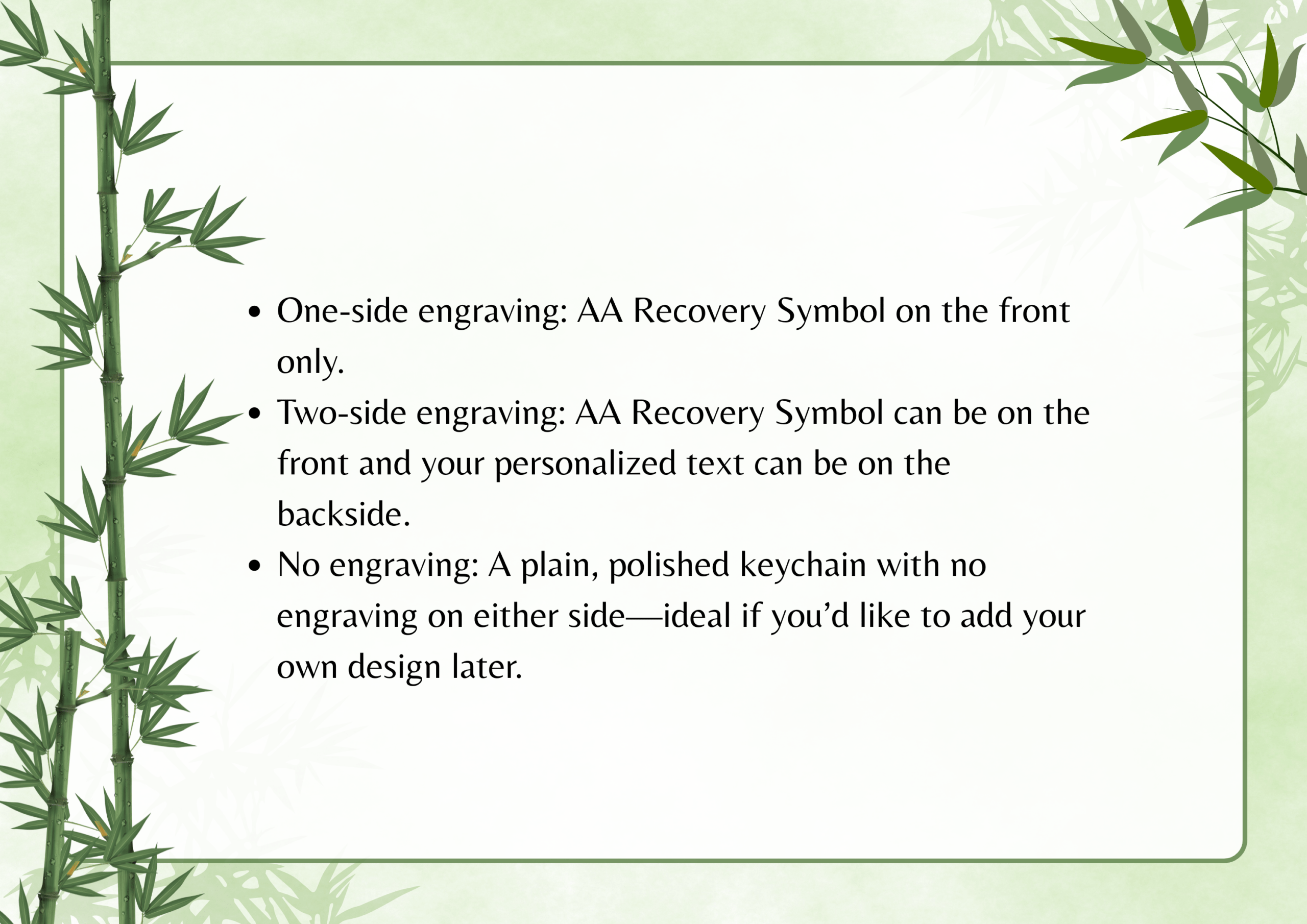Keychain engraving options: AA Recovery Symbol front, optional custom text back, or plain without engraving.