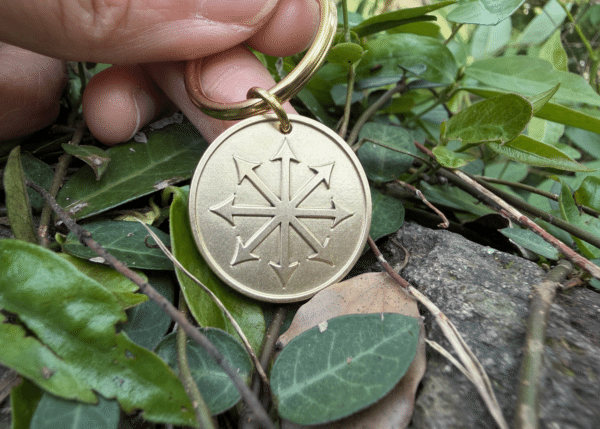 Golden medallion with chaos star engraving held over green leaves and branches.