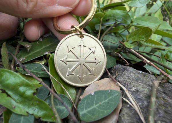 Golden medallion with chaos star engraving held over green leaves and branches.