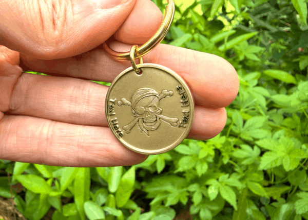 Hand holding a gold keychain with skull and crossbones engraving, surrounded by green leaves. Text reads: Text Here.