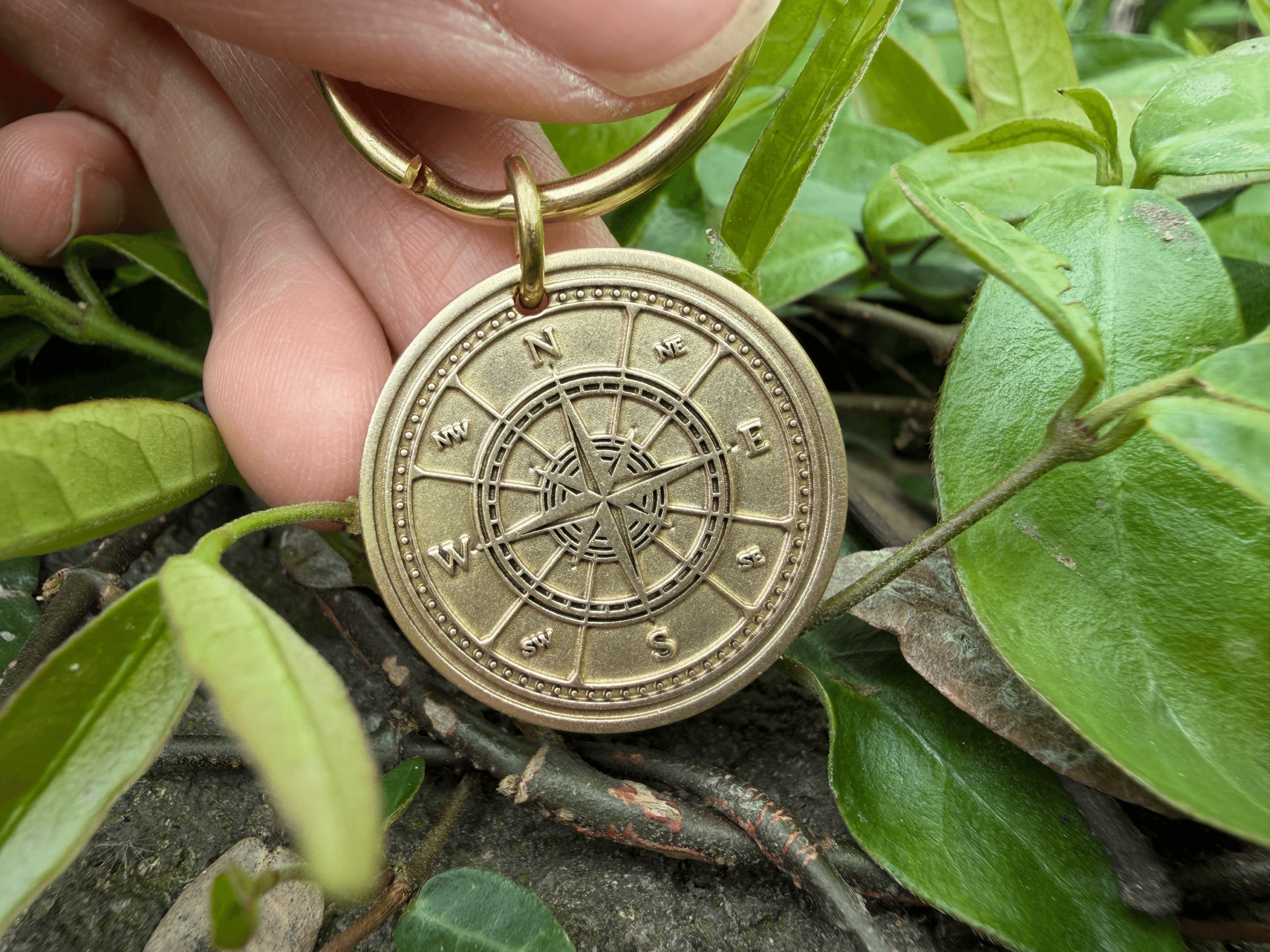 Hand holds brass compass keychain with engraved directional markings, surrounded by green leaves.
