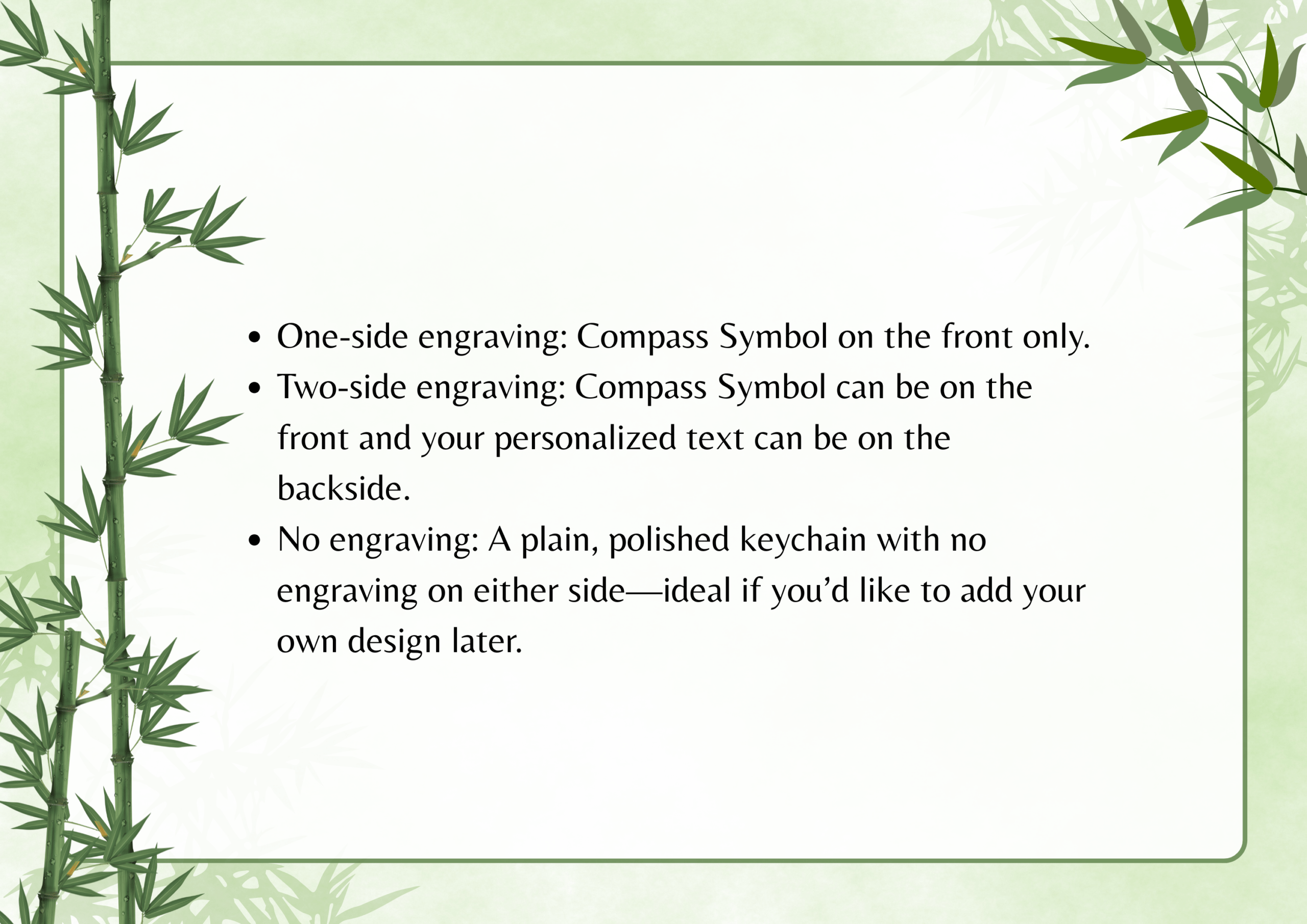 Keychain engraving options: Compass symbol, personalized text, or plain. Decorated with bamboo border.
