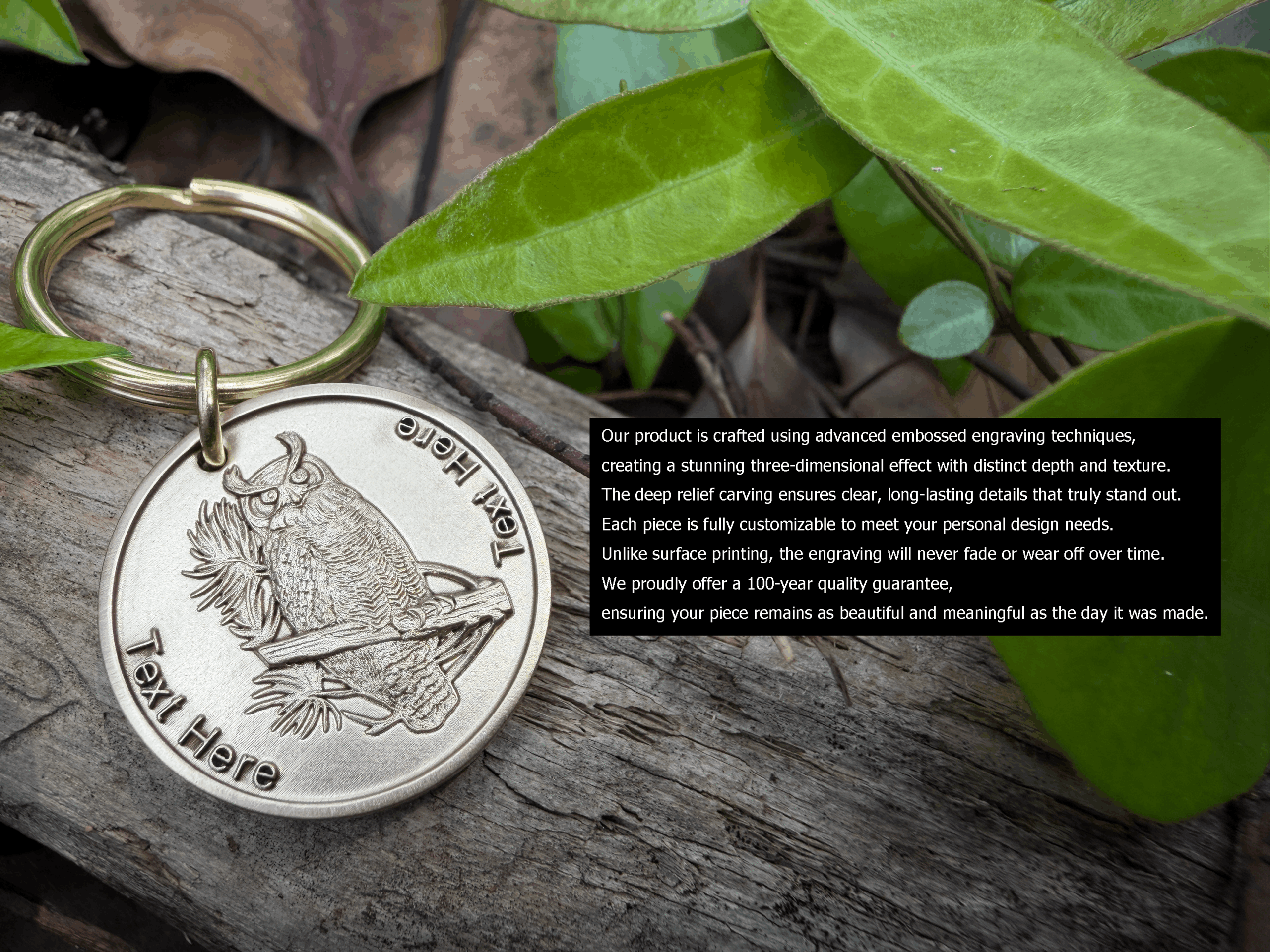 Keychain with an engraved owl design, placed on rustic wood and surrounded by green leaves for a natural look.