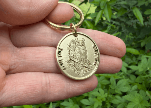 Close-up of a hand holding a brass keychain featuring an engraved owl design, with Text Here placeholder.