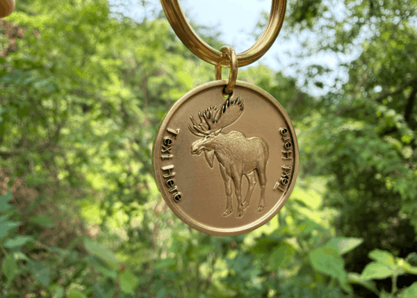 Gold moose coin keychain displayed outdoors with green foliage background.
