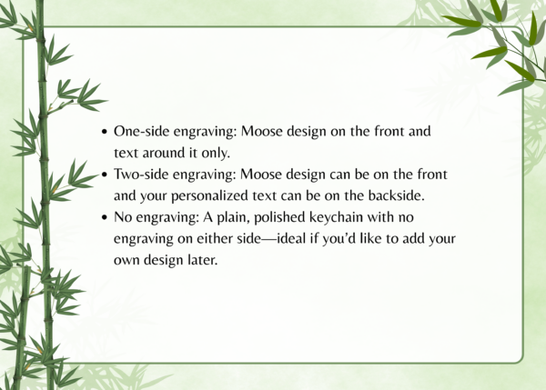 Engraving options: Moose design one or two sides, personalized text available, or plain keychain for custom designs.