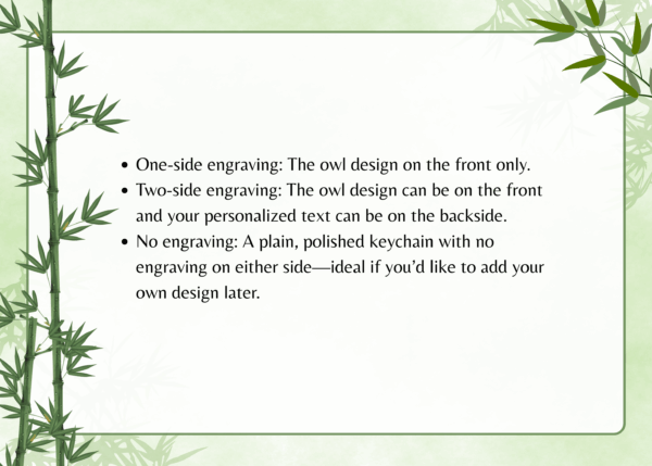 Keychain engraving options: One-side owl design, two-side owl and text, or plain with no engraving. Bamboo background.