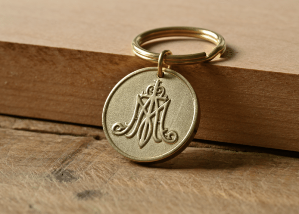 Auspice Maria Keychain, Catholic Gifts for Men and Women, Brass Religious Monogram Keyring, Confirmation Gift, Virgin Mary Medallion Charm