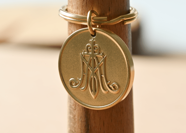 Auspice Maria Keychain, Catholic Gifts for Men and Women, Brass Religious Monogram Keyring, Confirmation Gift, Virgin Mary Medallion Charm