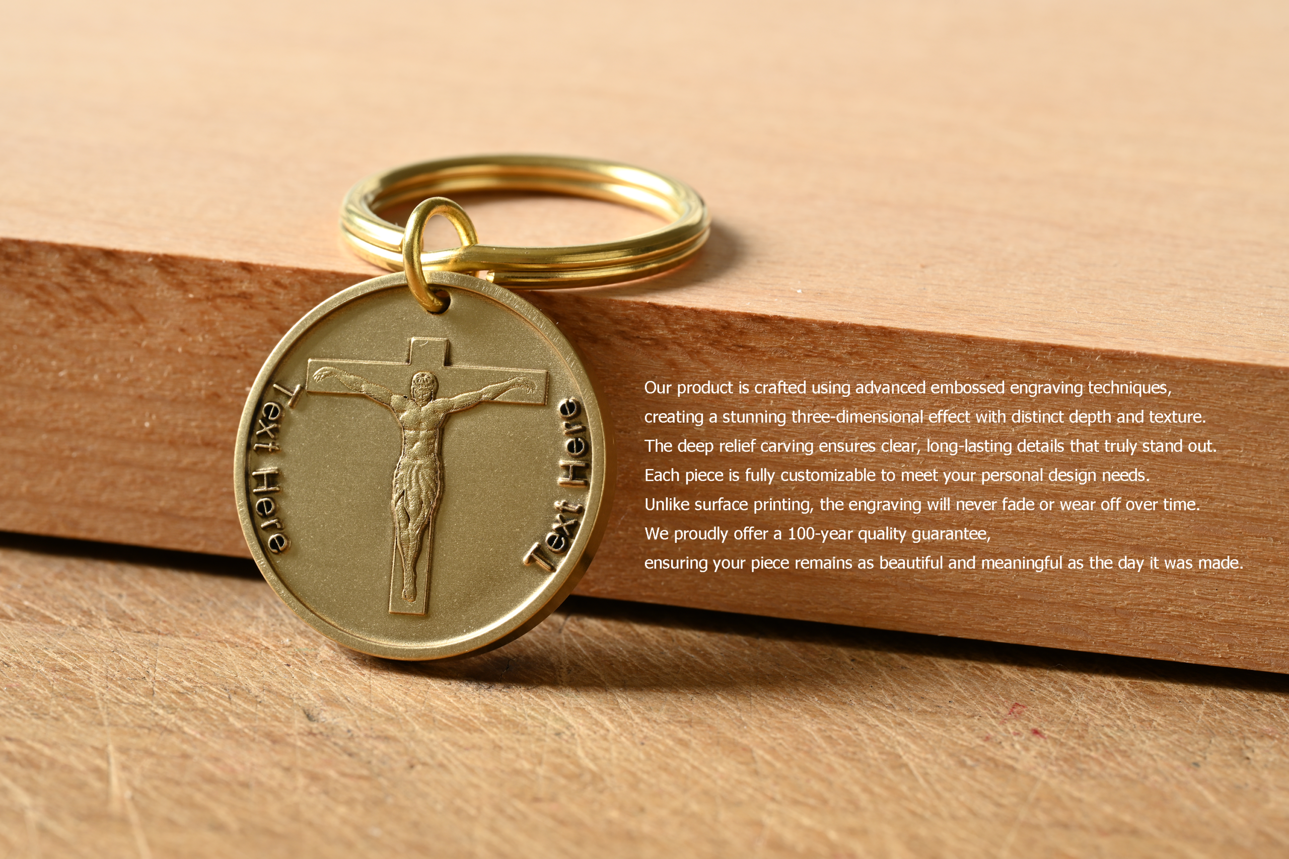 Gold keychain with embossed crucifix. Text describes 3D engraving, customization, and a 100-year quality guarantee