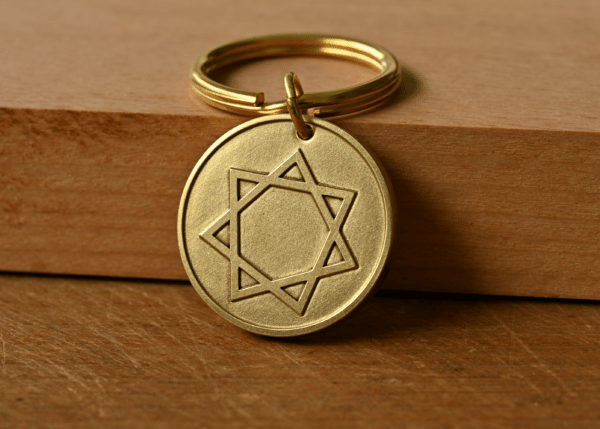 Round brass keychain with an engraved seven-pointed star resting on a wooden surface
