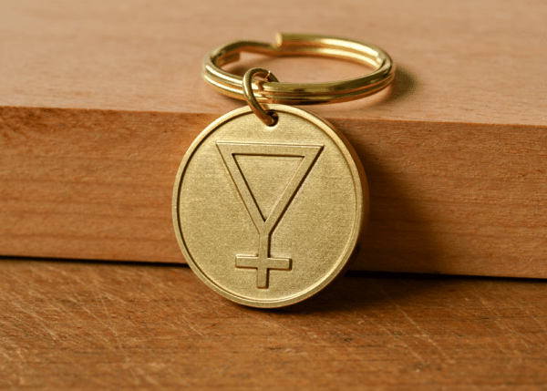 Brass circular keychain tag engraved with an inverted triangle and cross symbol