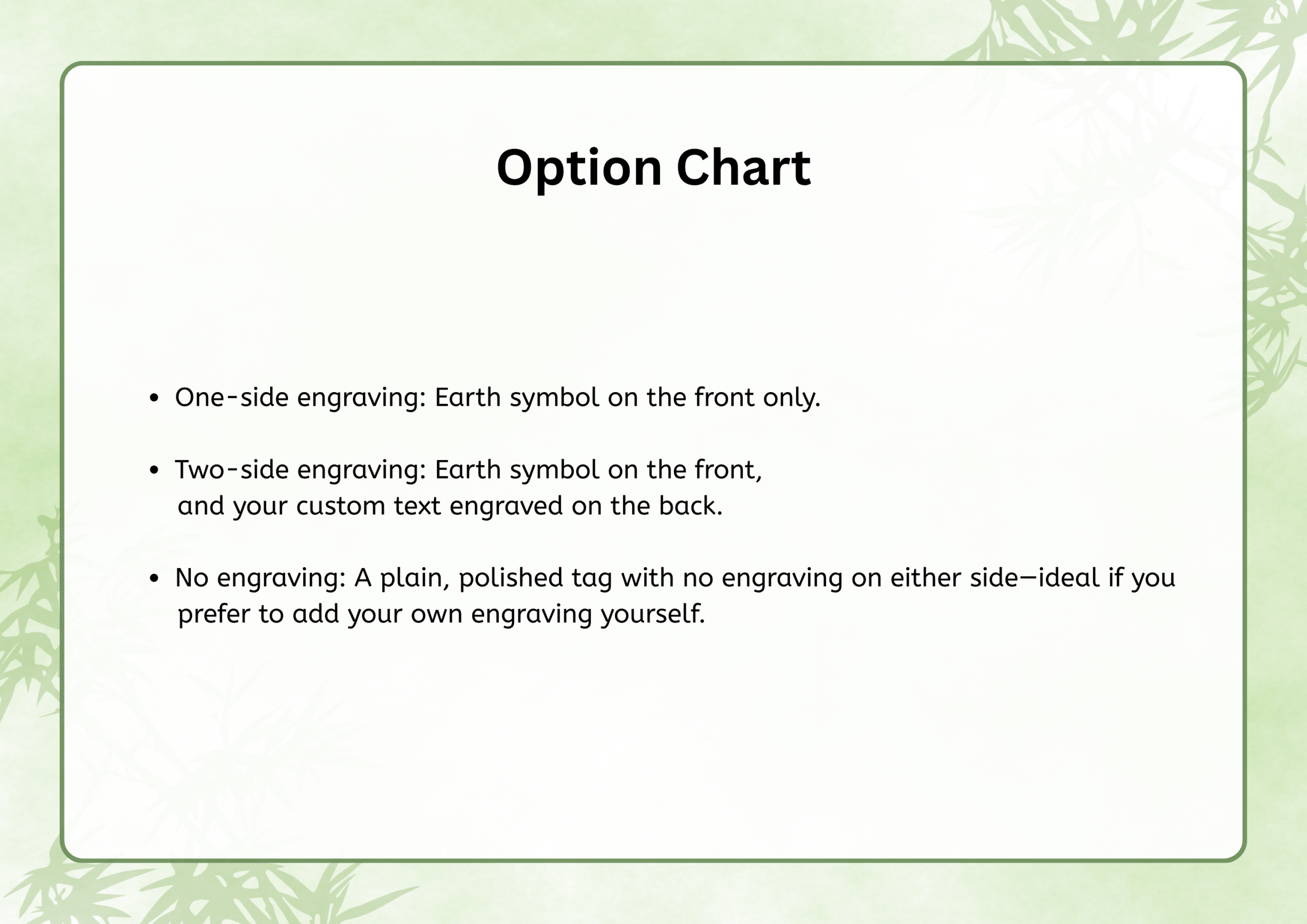 Option Chart: One-side engraving (Earth symbol on front); Two-side engraving (Earth symbol on front, custom text on back); No engraving (plain polished tag)