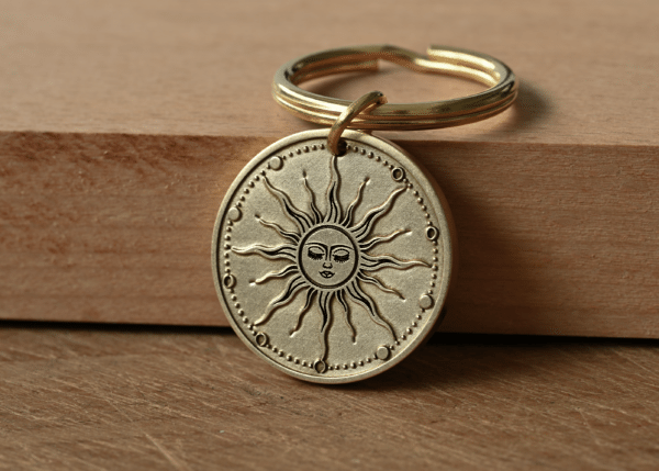 Brass key ring with a circular pendant featuring an engraved celestial sun with a face and wavy rays