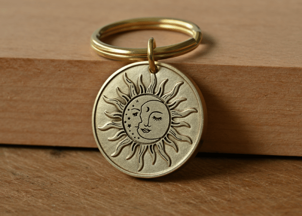 Brass round keychain tag engraved with a celestial sun and crescent moon face design