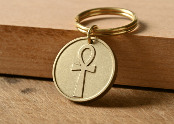 Gold brass keychain with a circular pendant featuring an Egyptian ankh symbol