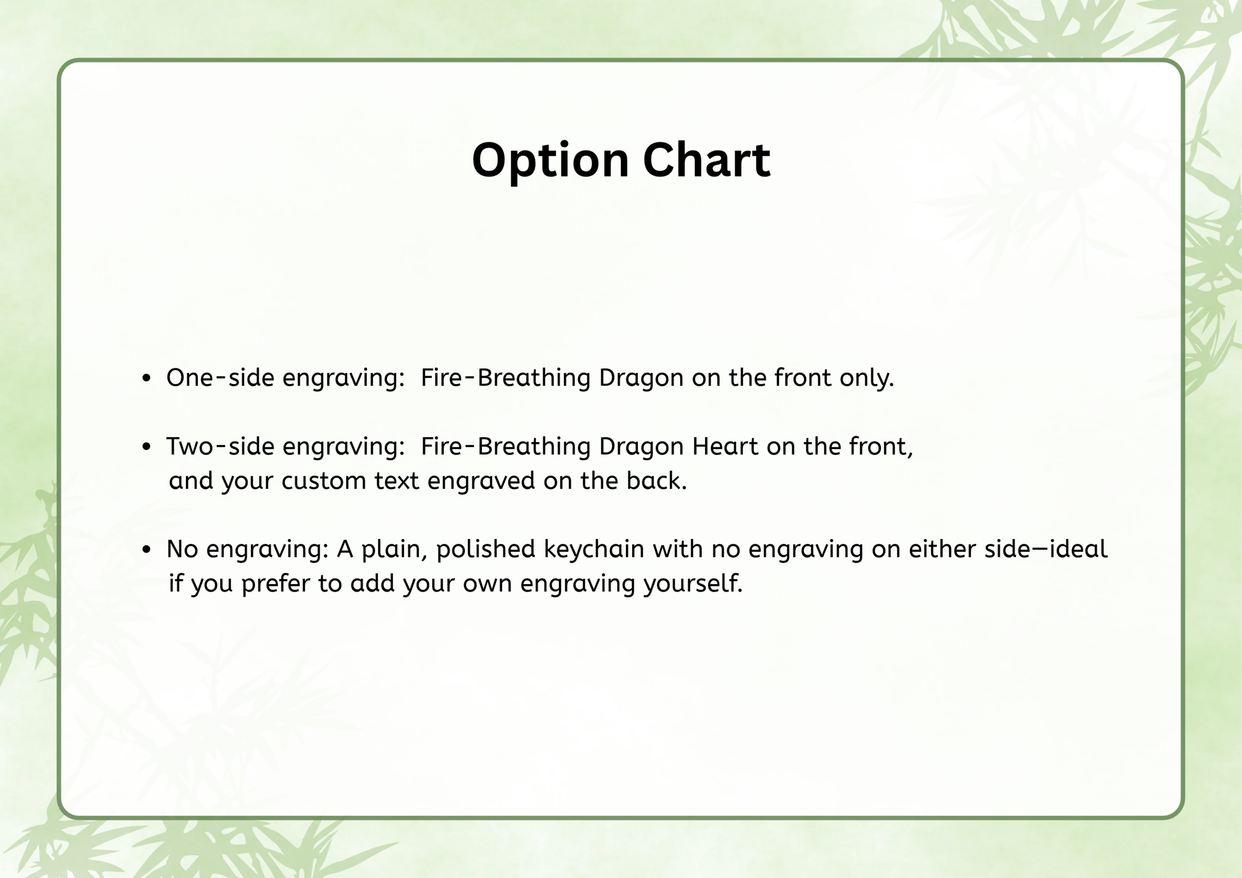 Option Chart detailing engraving options: One-side (Fire-Breathing Dragon on front only), Two-side (Dragon Heart on front, custom text on back), and No engraving (plain keychain)