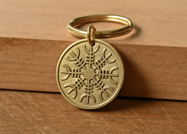 Brass keychain with an engraved Aegishjalmur symbol resting on a wooden block