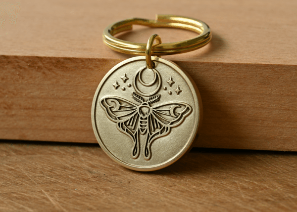 Round brass keychain tag engraved with a celestial moth, crescent moon, and stars