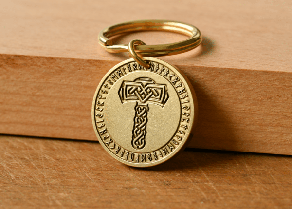 Brass keychain with a circular pendant featuring Thor's hammer Mjölnir encircled by runes