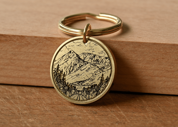 Brass keychain medallion with an engraved mountain landscape featuring pine trees and a road
