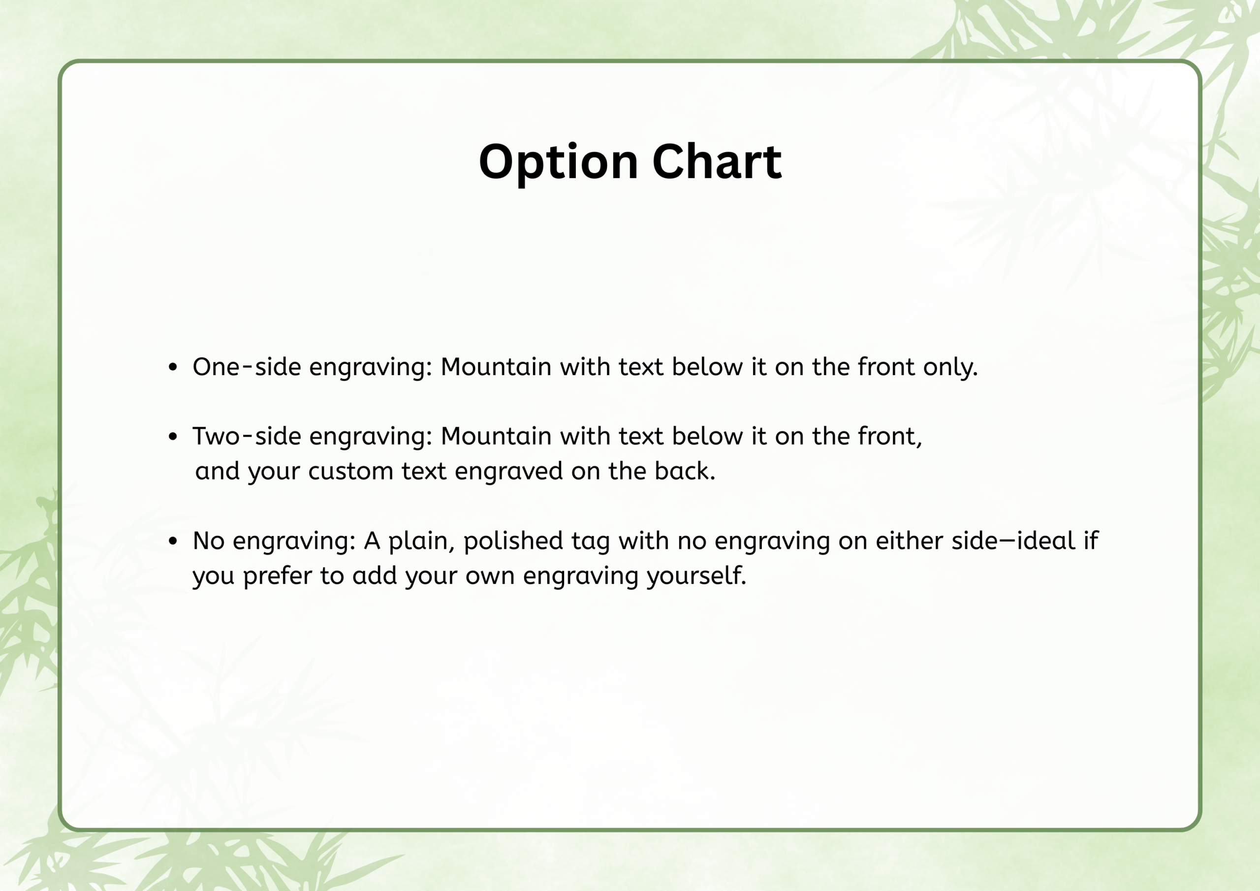 Option Chart: One-side engraving (mountain with text on front only), Two-side engraving (mountain with text on front, custom text on back), and No engraving (plain, polished tag on both sides)