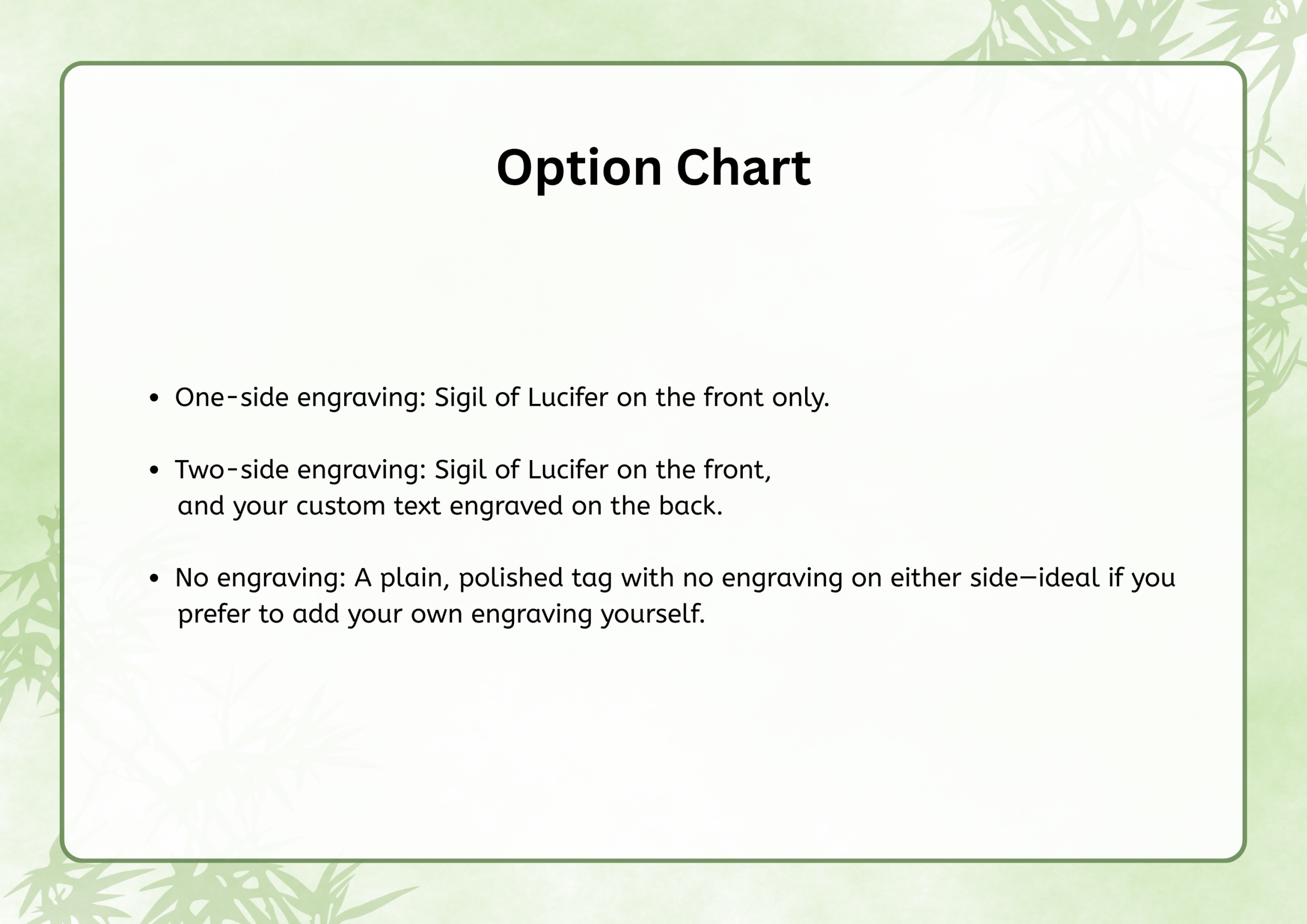 Option Chart detailing engraving options: One-side engraving with Sigil of Lucifer on front, Two-side engraving with Sigil on front and custom text on back, and No engraving for a plain polished tag