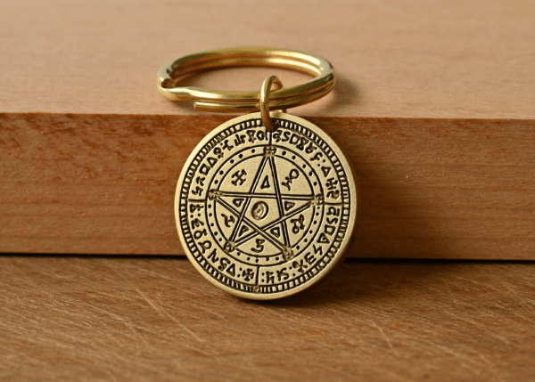 Brass key ring featuring a circular pendant engraved with a Solomonic pentagram seal and mystical symbols