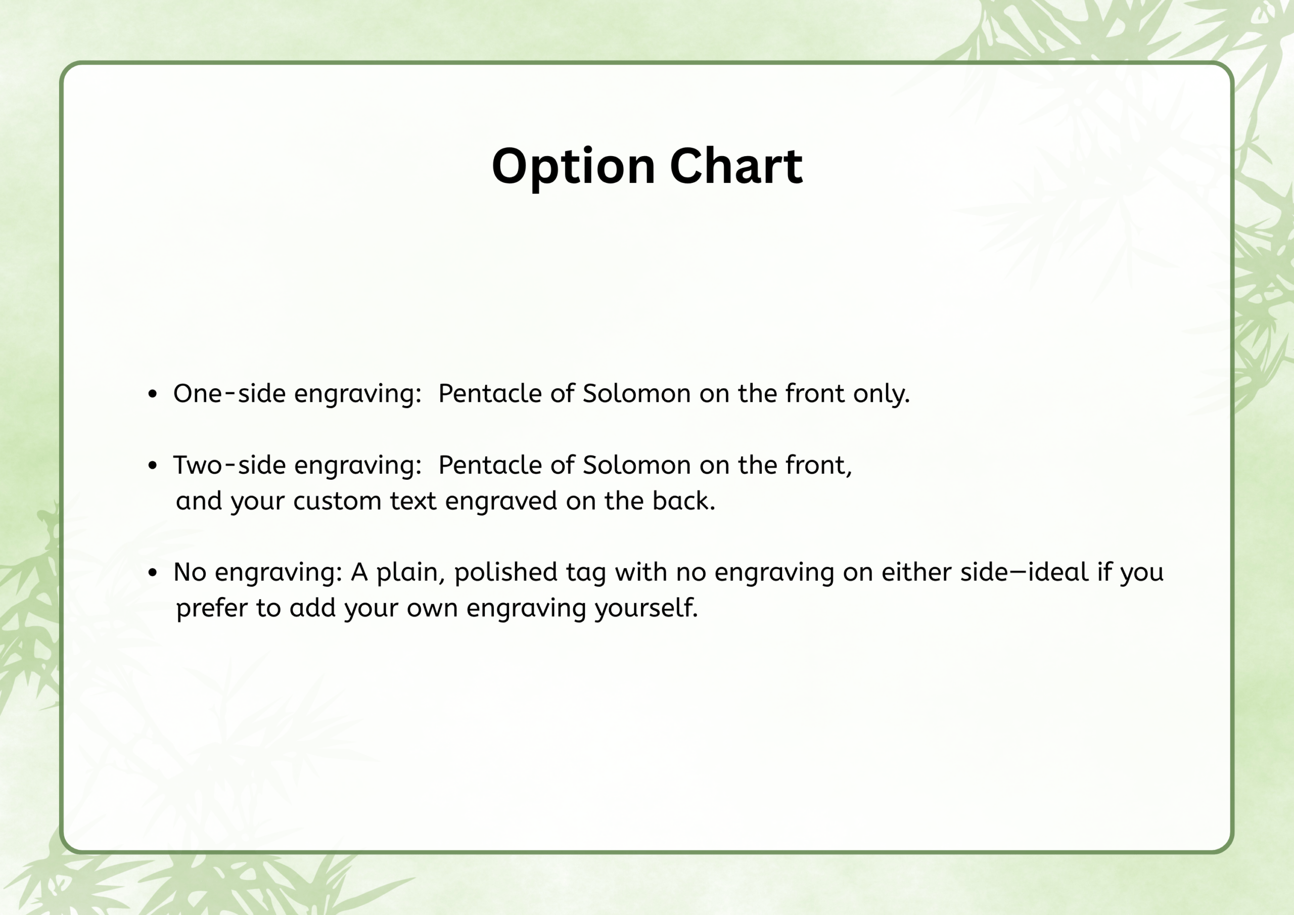 Option Chart: One-side engraving (Pentacle of Solomon on front), Two-side engraving (Pentacle on front, custom text on back), No engraving (plain polished tag)