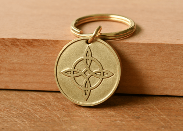Round brass keychain engraved with a Celtic knot symbol, resting against a wooden block