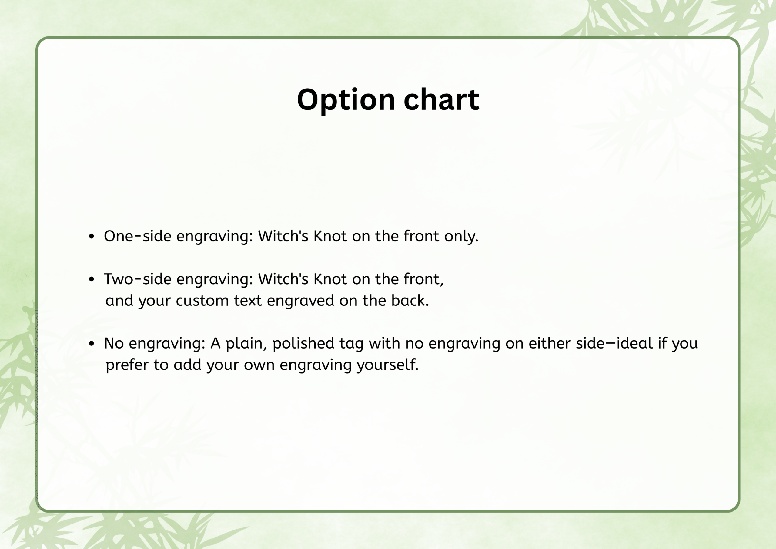 Option chart: One-side engraving has Witch's Knot on front; Two-side adds custom text on back; No engraving is a plain tag
