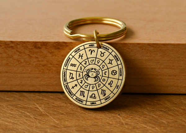 Gold zodiac wheel keychain medallion featuring astrological signs with Cancer in the center