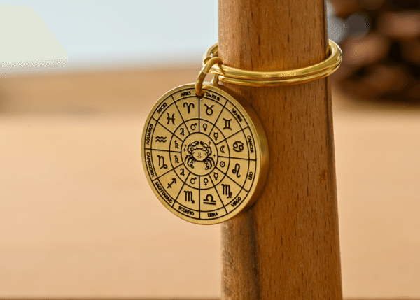 Zodiac Wheel Brass Keychain, Astrology Gift for Her, Cancer Zodiac Keyring, Celestial Birthday Gift, Personalized Star Sign Medallion