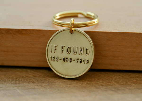 Round brass pet tag engraved with IF FOUND 123-456-7890
