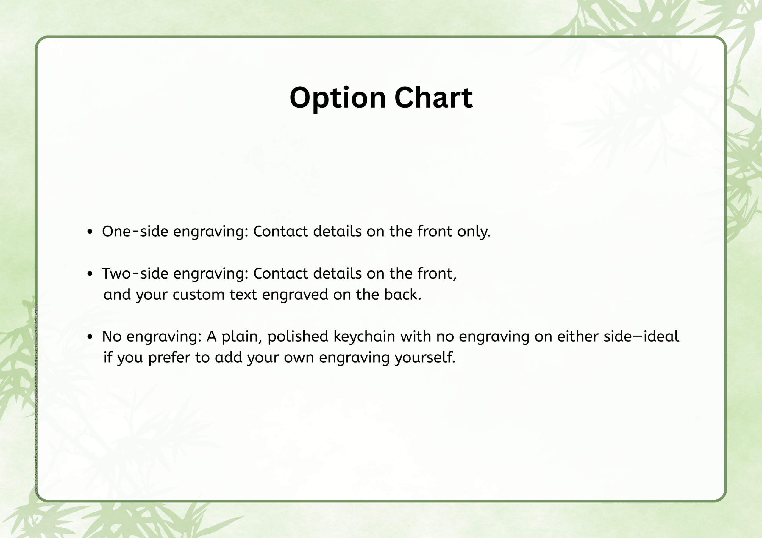 Option Chart detailing One-side engraving (front contact details), Two-side engraving (front contact details, back custom text), and No engraving (plain keychain)