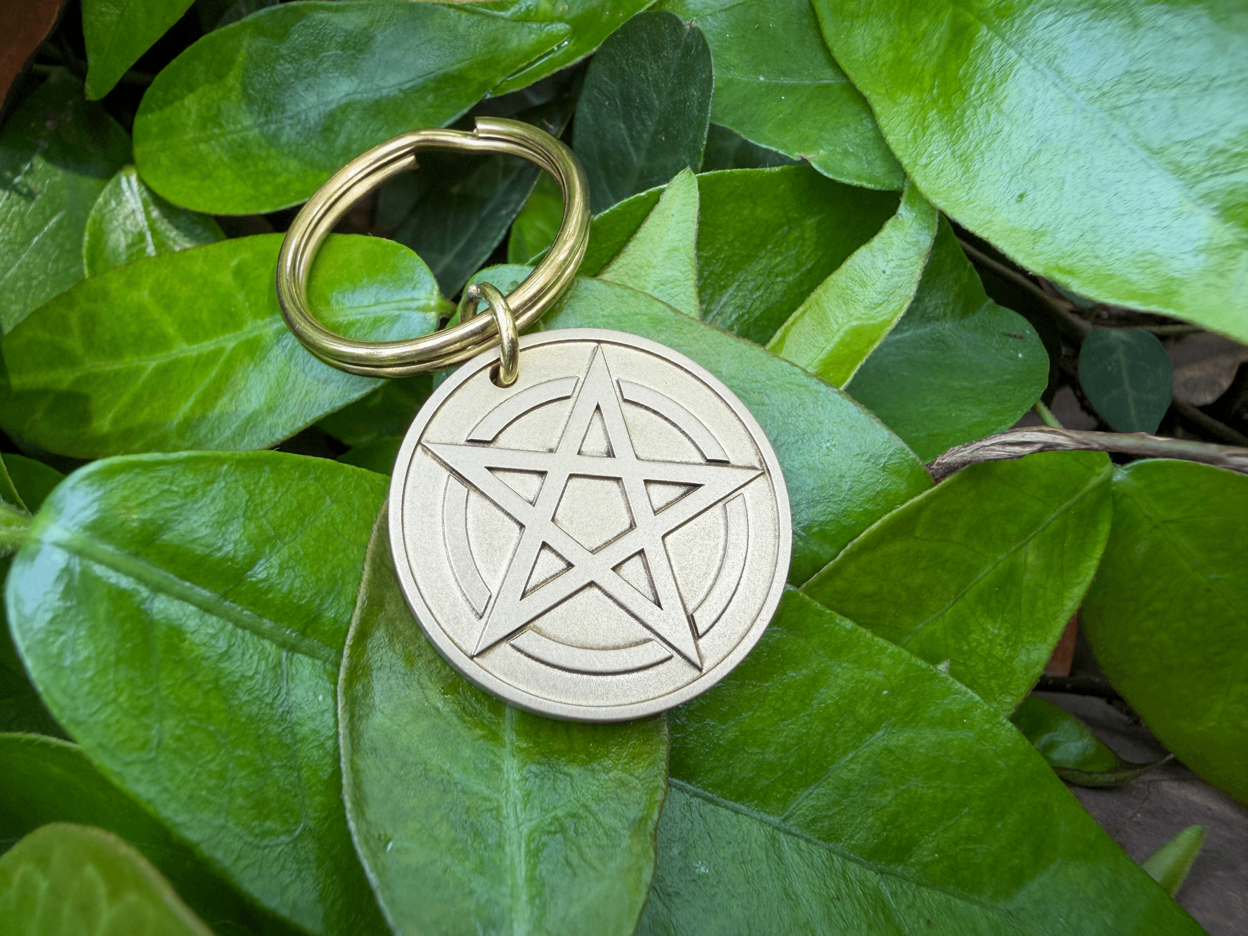 Brass pentacle keychain resting on green leaves